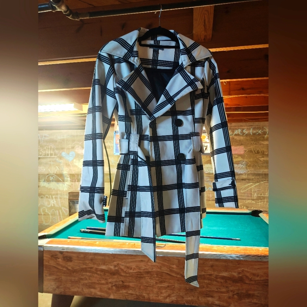 White With Black Grid Pea Coat